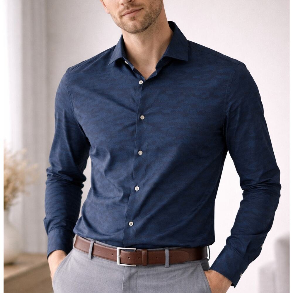 Ted Baker Endurance Navy Pattern Dress Shirt Preppy Smart Slim Fit 14.5 34/35